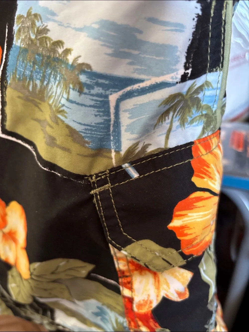 Mens sand and Sun black swim trunks with Orange Floral Print Large
